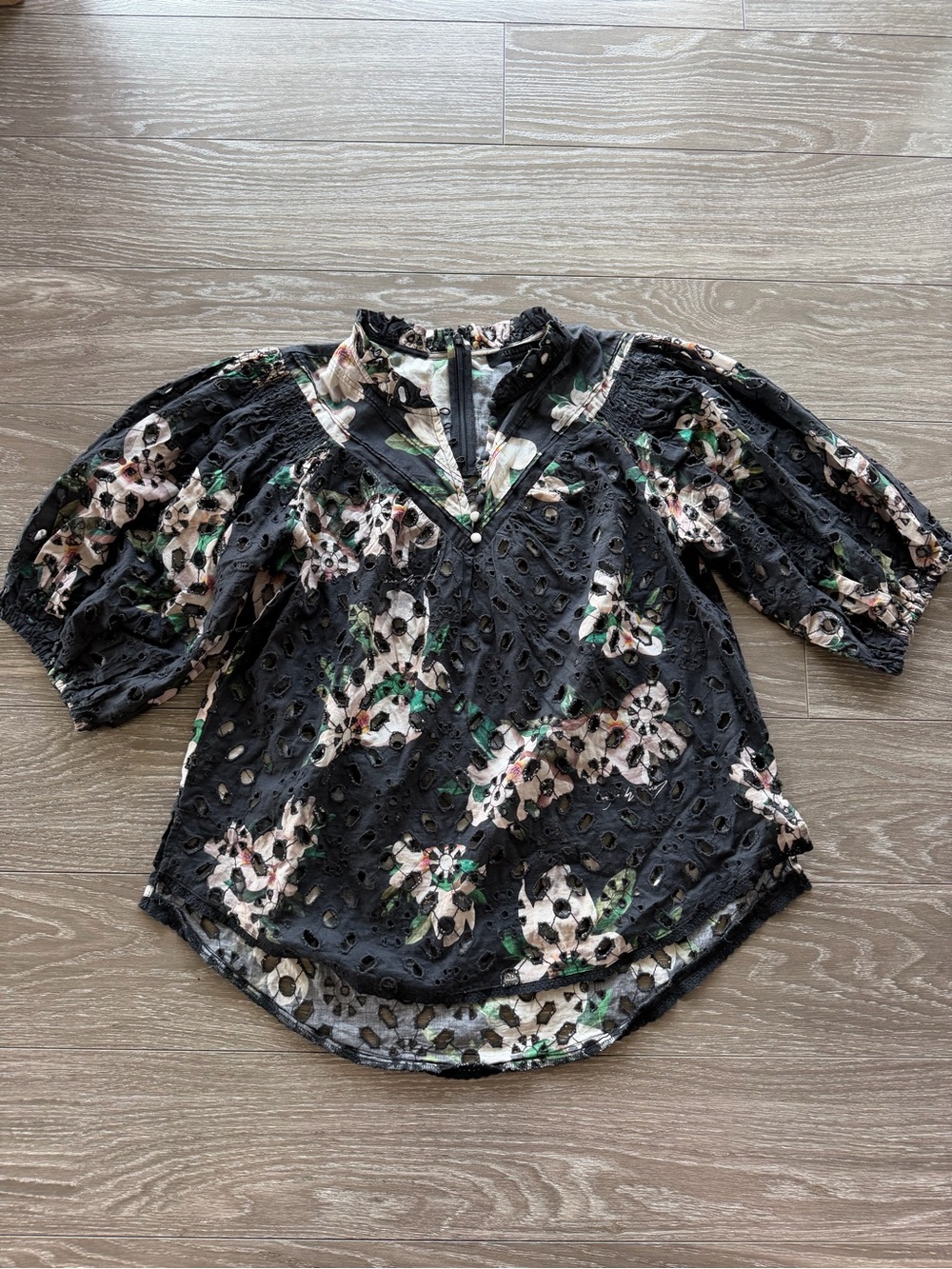 All Saints Black Floral Eyelet Puff-Sleeve Women's Top